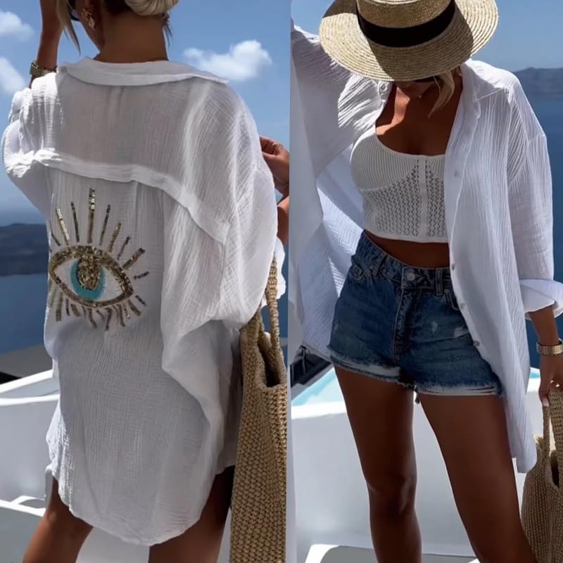 XPONNI Long Sleeve Linen Button Down Shirt Women Oversized Sequin Evil Eye Shirts Dress Beach Cover Ups Summer 2024 (White,S,Small) - Image 2