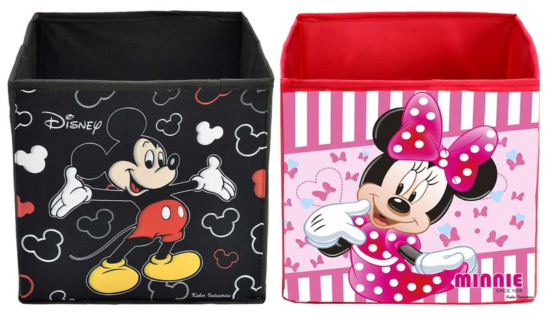 Kuber Industries Disney Print Non Woven Fabric 2 Pieces Foldable Large Size Cloth Storage Box Toy Books Wardrobe Organizer Cube with Handle Black and Pink - Image 1
