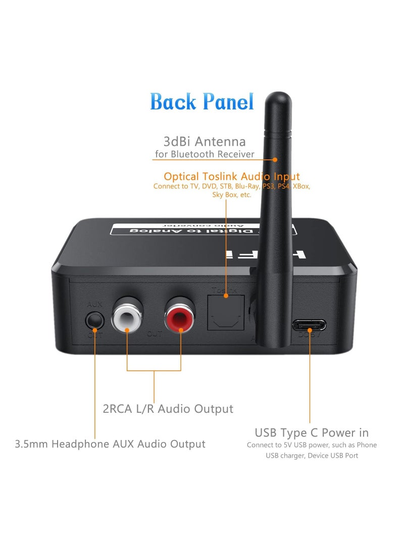 192kHz Digital to Analog Audio Converter, DAC Optical Toslink SPDIF to L/R RCA AUX 3.5mm Jack Adapter, Bluetooth Receiver, USB MP3 Player, Adjustable Volume, for TV PS3 PS4 Xbox DVD Home Stereo
