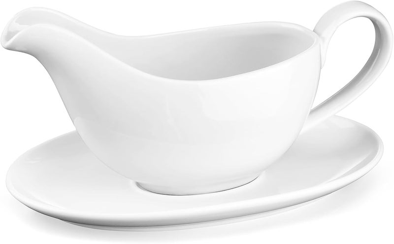 Yedio 18 oz Gravy Boat with Saucer, Large White Ceramic Gravy Boat, Boat and Tray for Turkey Beef Sauce, Salad Dressing, Creamer, Milk, Broth,Microwave and Dishwasher Safe - Image 1