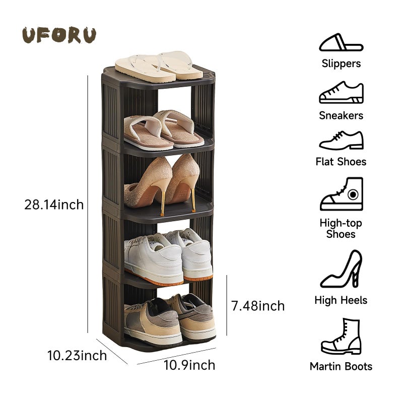 UFORU Small Shoe Rack, 5 Tier Plastic Vertical Shoe Rack for Small and Narrow Spaces, Free Standing Shoe Organizer for Closet, Entryway (Black) - Image 2