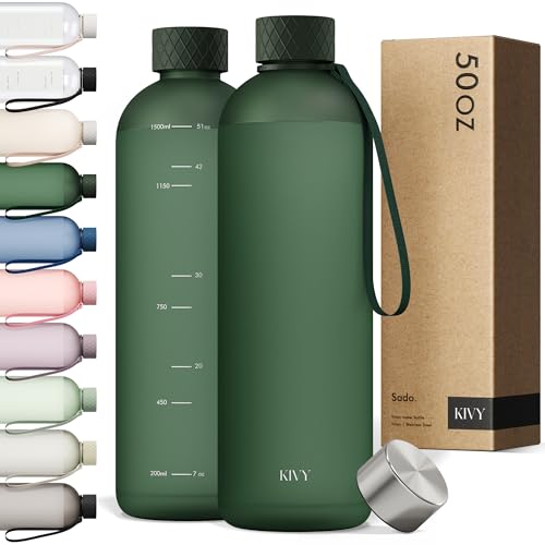 KIVY Large Water Bottle 50oz [Lightweight & Shatterproof] Fits Backpack & Cupholder for Travel, Sports, School - Extra large water bottle no straw - 1.5 Liter water bottles - 50oz Water bottle Green - Image 1