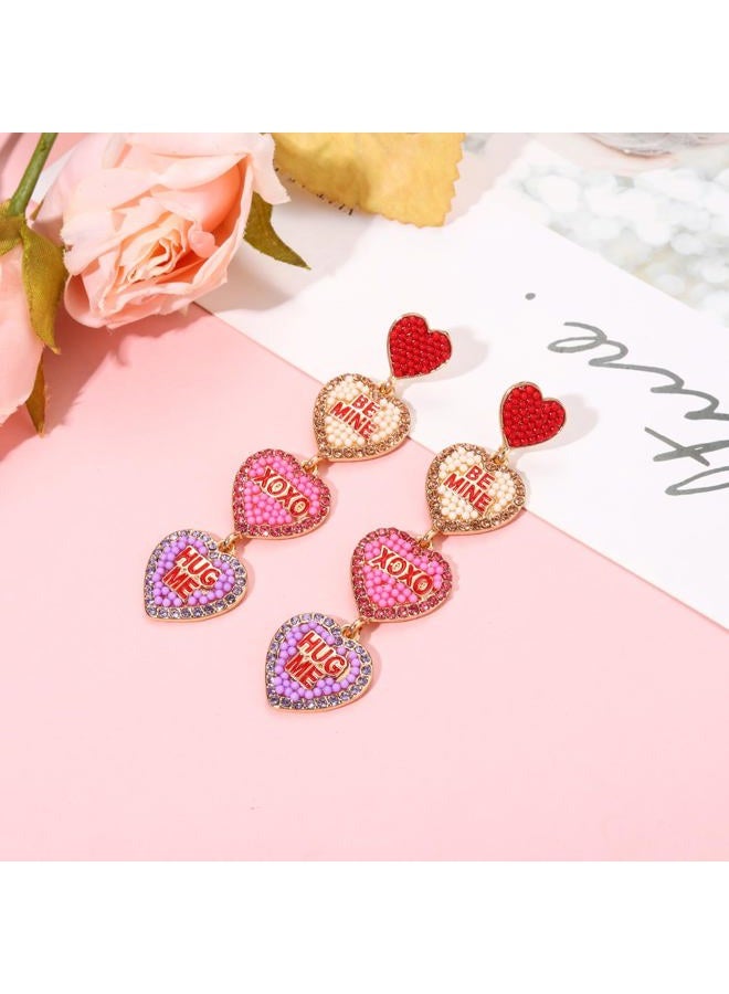 YAHPERN Valentine's Day Earrings, Beaded Heart Earrings for Women Rhinestone Glitter XOXO LOVE Earrings Valentine's Day Gifts for Her (Heart 1) - Image 2