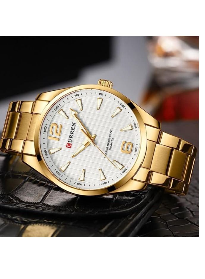 CURREN ساعة كيرين 8434 الرياضية الفاخرة للرجال بحزام من الفولاذ المقاوم للصدأ حركة كوارتز مقاومة للماء طراز عسكري - ذهبية - Image 5