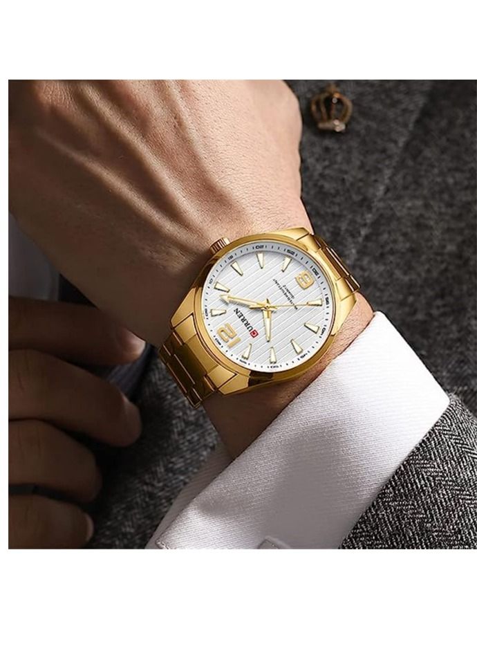 CURREN ساعة كيرين 8434 الرياضية الفاخرة للرجال بحزام من الفولاذ المقاوم للصدأ حركة كوارتز مقاومة للماء طراز عسكري - ذهبية - Image 4