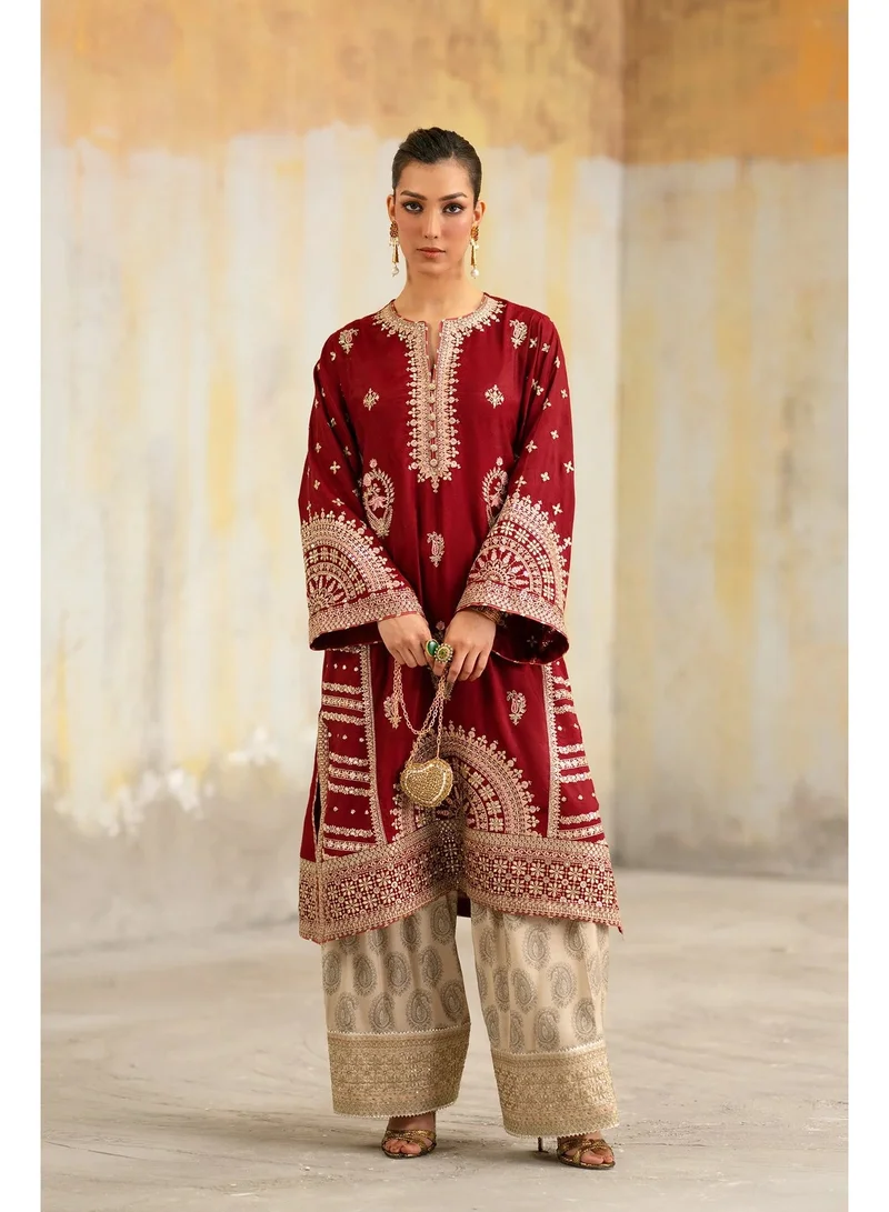 BAZM Bazm Luxury Couture Embroidered Tunic Maroon