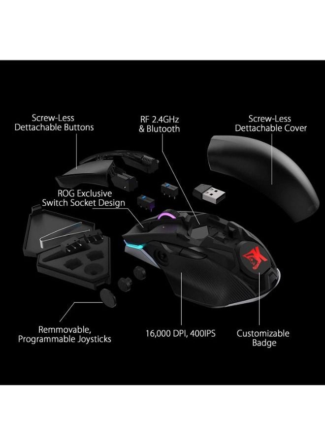 Rog Chakram Ergonomic Rgb Optical Qi Gaming Mouse with Wireless Charging Side Joystick Tri Mode Connect 16000 Dpi Sensor Push Fit switch Socket Design Aura Sync lighting Black