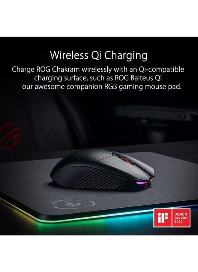 Rog Chakram Ergonomic Rgb Optical Qi Gaming Mouse with Wireless Charging Side Joystick Tri Mode Connect 16000 Dpi Sensor Push Fit switch Socket Design Aura Sync lighting Black
