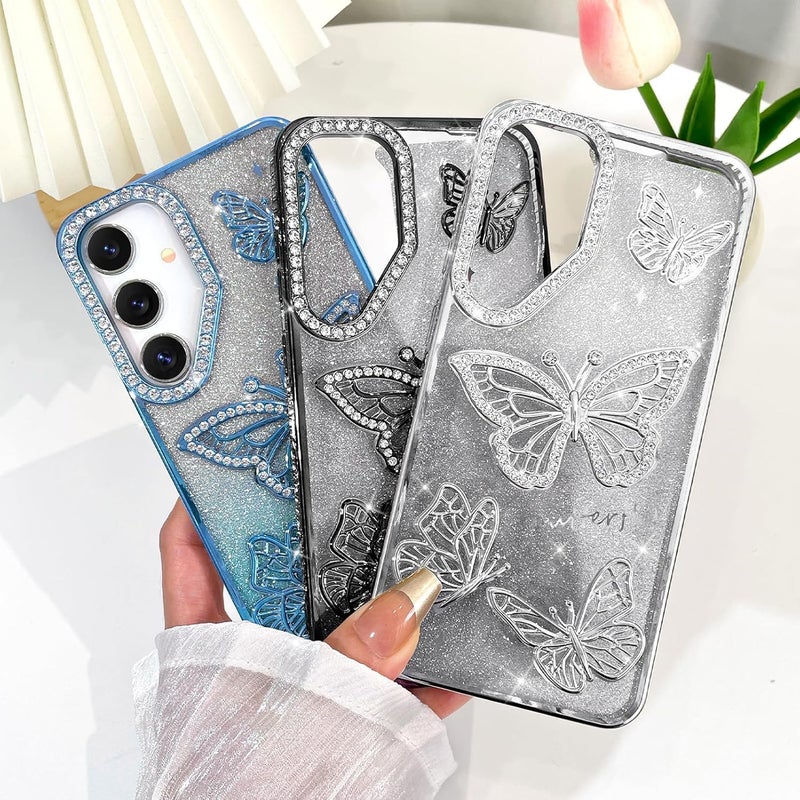 Elzzi غطاء هاتف بتصميم فراشة مطلي كهربائياً جديد لهاتف سامسونج S24، يعرض لؤلؤة الماس الناعمة TPU، حماية الكاميرا، مقاوم للصدمات، غطاء أنيق S24 للفتيات والنساء (فضي) - Image 4