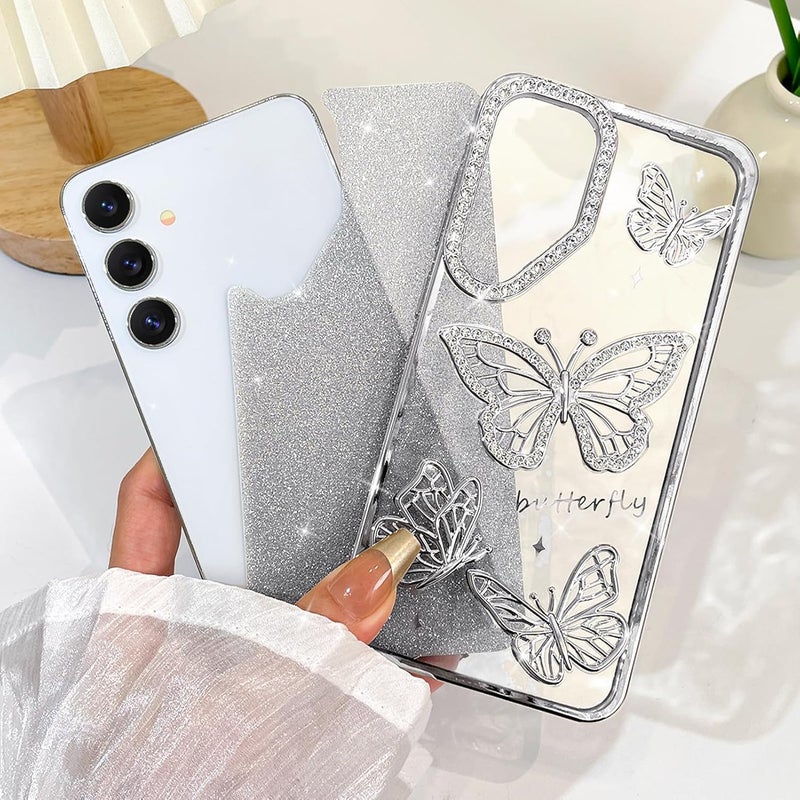 Elzzi غطاء هاتف بتصميم فراشة مطلي كهربائياً جديد لهاتف سامسونج S24، يعرض لؤلؤة الماس الناعمة TPU، حماية الكاميرا، مقاوم للصدمات، غطاء أنيق S24 للفتيات والنساء (فضي) - Image 2