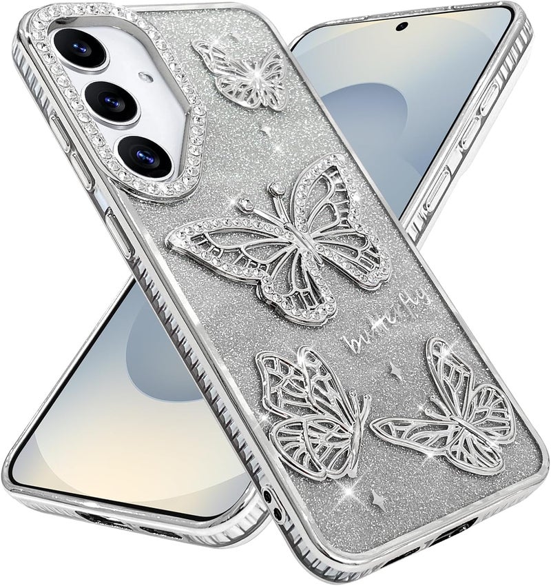 Elzzi غطاء هاتف بتصميم فراشة مطلي كهربائياً جديد لهاتف سامسونج S24، يعرض لؤلؤة الماس الناعمة TPU، حماية الكاميرا، مقاوم للصدمات، غطاء أنيق S24 للفتيات والنساء (فضي) - Image 5