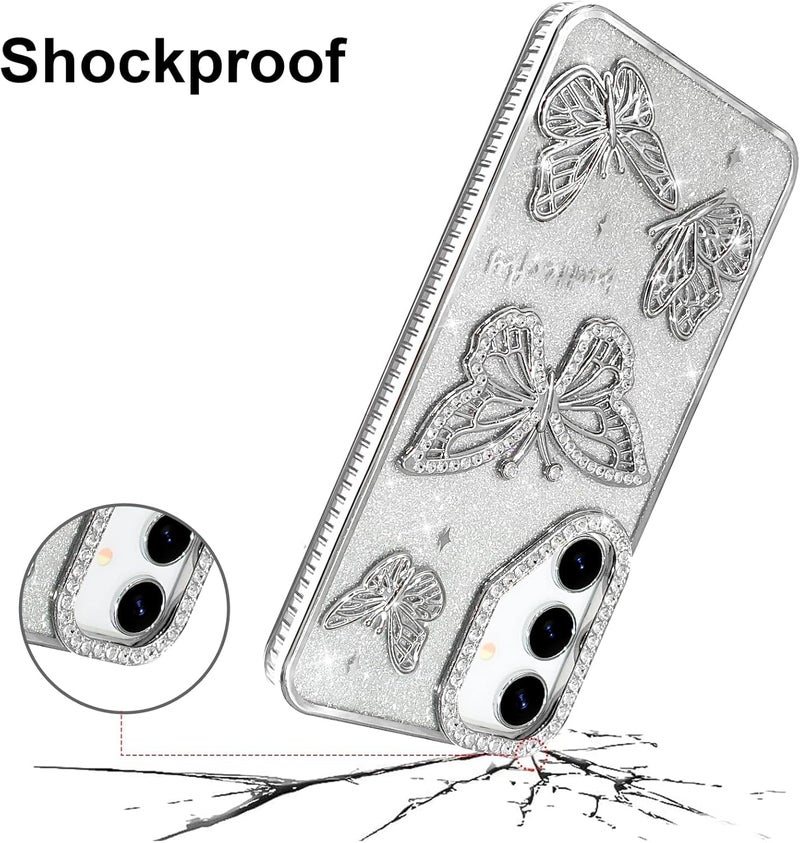 Elzzi غطاء هاتف بتصميم فراشة مطلي كهربائياً جديد لهاتف سامسونج S24، يعرض لؤلؤة الماس الناعمة TPU، حماية الكاميرا، مقاوم للصدمات، غطاء أنيق S24 للفتيات والنساء (فضي) - Image 3