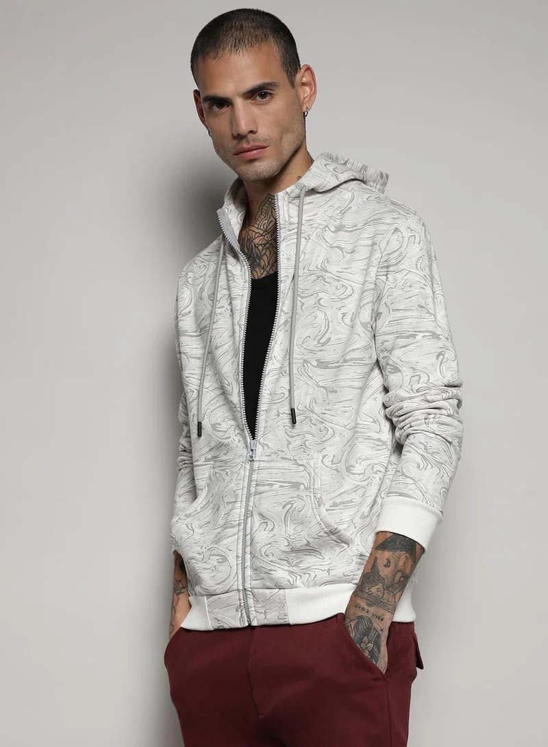Campus Sutra Men's White & Grey Contrast Fluid Zip Front Hoodie