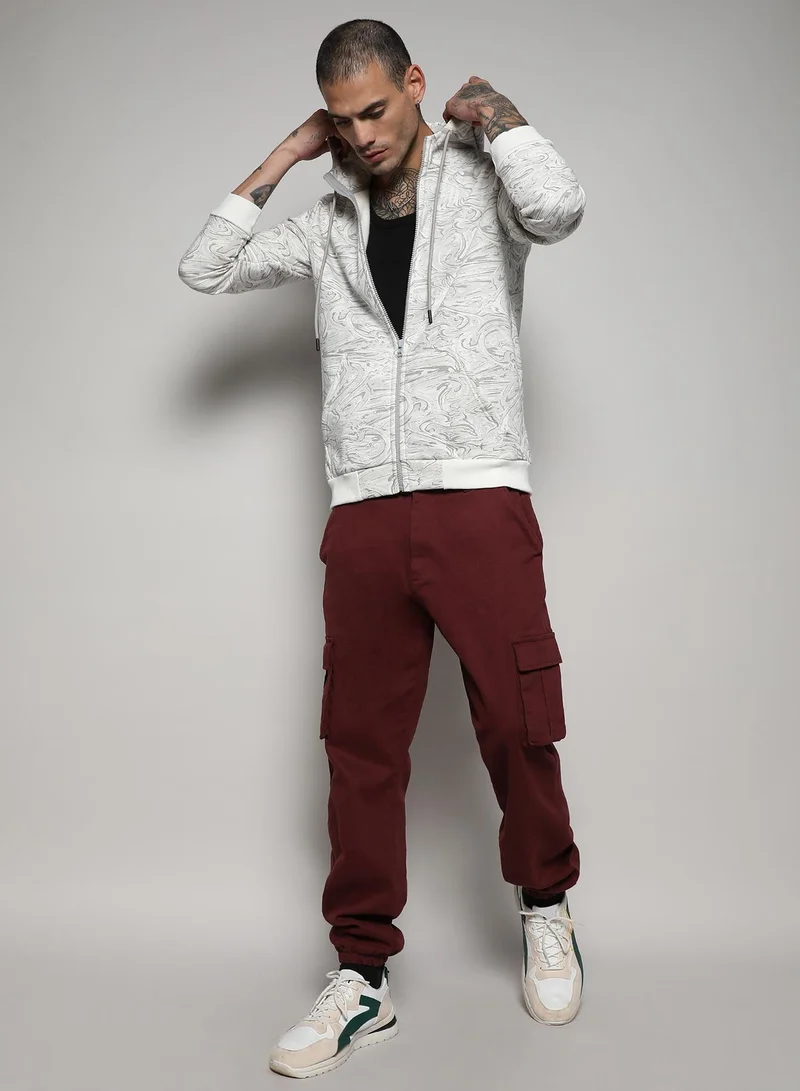 Campus Sutra Men's White & Grey Contrast Fluid Zip Front Hoodie