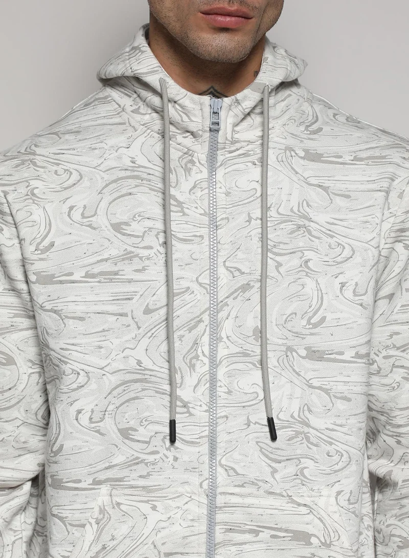 Campus Sutra Men's White & Grey Contrast Fluid Zip Front Hoodie