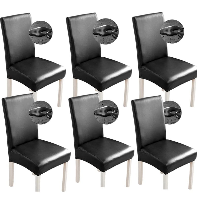 Shukii Stretch Dining Chair Covers  Waterproof PU Leather Slipcovers  Universal Chair Protectors for Dining Room Kitchen Hotel Set of 6 Black