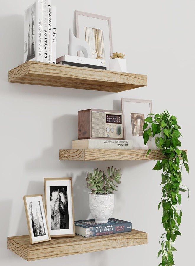 Marsmiles Wood Floating Shelves for Wall Set of 3, 17 Inch Wide Rustic Wooden Floating Shelves, Invisible Wall Mounted Display for Living Room Bedroom Kitchen Bathroom Office, Carbonized Black - Image 1