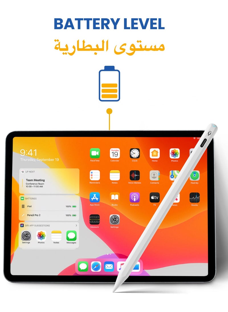 تاينيموس قلم ايباد ستايلس بنسل برو 2 مع إيماءات / مؤشر بطارية على الشاشة / شحن USB-C سريع / رفض راحة اليد لجهاز Apple iPad 2018 وما بعده - أبيض - Image 4