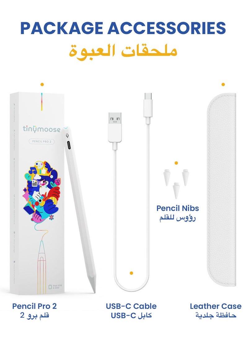 تاينيموس قلم ايباد ستايلس بنسل برو 2 مع إيماءات / مؤشر بطارية على الشاشة / شحن USB-C سريع / رفض راحة اليد لجهاز Apple iPad 2018 وما بعده - أبيض - Image 2