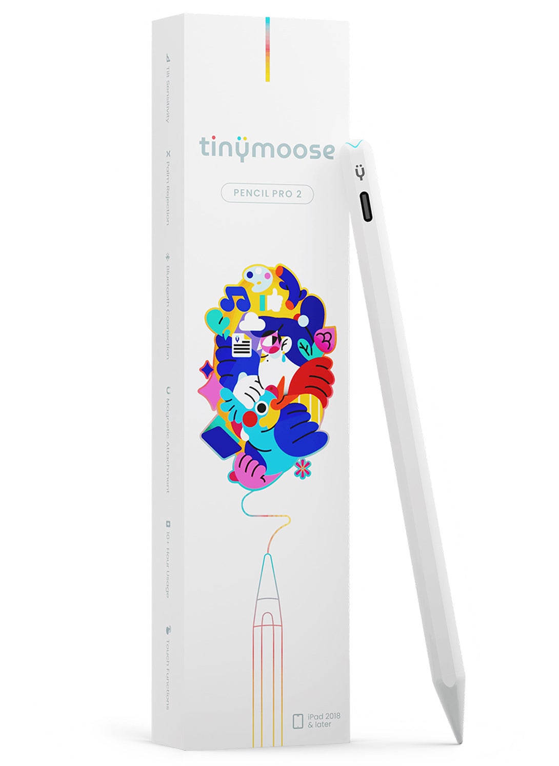 TinyMoose Stylus Pen Pencil Pro 2 Updated with Gestures / On-Screen Battery Indicator / Fast USB-C Charging / Palm Rejection For Apple iPad 2018 and Later - Alpine White 