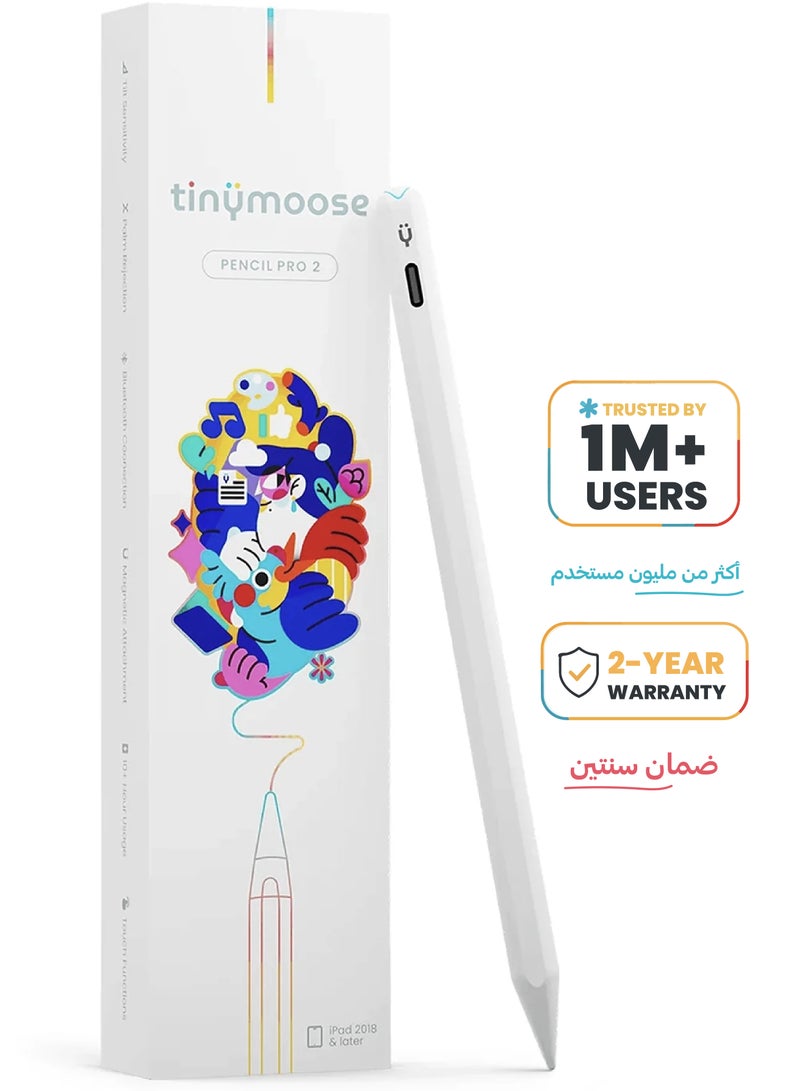 تاينيموس قلم ايباد ستايلس بنسل برو 2 مع إيماءات / مؤشر بطارية على الشاشة / شحن USB-C سريع / رفض راحة اليد لجهاز Apple iPad 2018 وما بعده - أبيض - Image 1