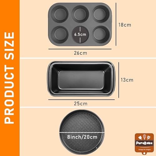 PureBake Cake Baking Set Microwave Safe Utensils 3 pc Combo of Round Cake Mould Cake tin, Bread Moulds for Baking, Muffin Tray I Microwave Oven Accessories, Dishwasher Safe - Carbon Steel - Black - Image 2