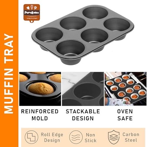 PureBake Cake Baking Set Microwave Safe Utensils 3 pc Combo of Round Cake Mould Cake tin, Bread Moulds for Baking, Muffin Tray I Microwave Oven Accessories, Dishwasher Safe - Carbon Steel - Black - Image 4