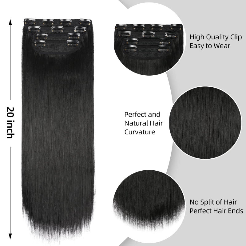 LEEONS Black Hair Extensions Straight Clip in Hair Extensions Clip ins - Soft and Thick (20 Inches, 4Pcs, #1B) - Image 5