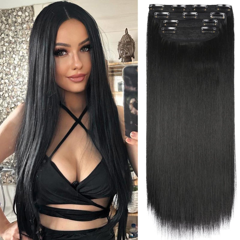 LEEONS Black Hair Extensions Straight Clip in Hair Extensions Clip ins - Soft and Thick (20 Inches, 4Pcs, #1B) - Image 1