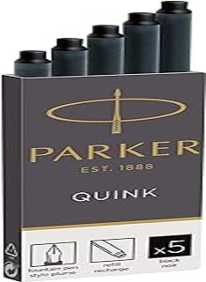 Parker Quink Long Fountain Pen Ink Refill 5 Cartridges - Black