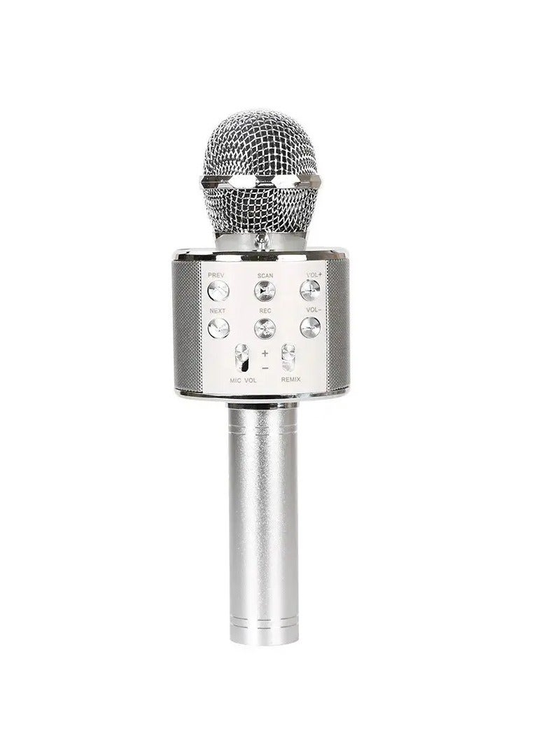 ميكروفون كاريوكي بلوتوث لاسلكي 5 في 1 جهاز تسجيل ومكبر الصوت وميكروفون محمول باليد مع راديو ريميكس اف ام قابل للتعديل للاطفال والمراهقين البنات والاولاد (فضي) - Image 1