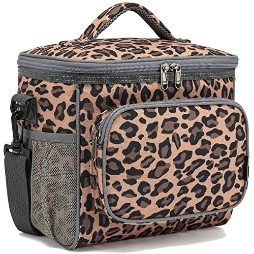 FlowFly Insulated Reusable Lunch Bag Adult Large Lunch Box for Women and Men with Adjustable Shoulder Strap,Front Zipper Pocket and Dual Large Mesh Side Pockets,Leopard - Image 1