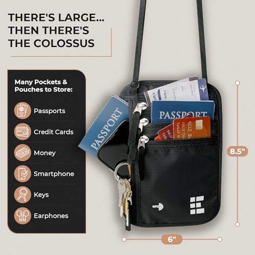 Zero Grid محفظة عنق للسفر وحامل جواز السفر مع تقنية حجب RFID - حقيبة سفر نحيفة وسهلة الإخفاء من النايلون للرجال والنساء - تحمل الهاتف والنقود والبطاقات والمفاتيح - مقاومة للعرق والماء - كبيرة جداً - سوداء - Image 2