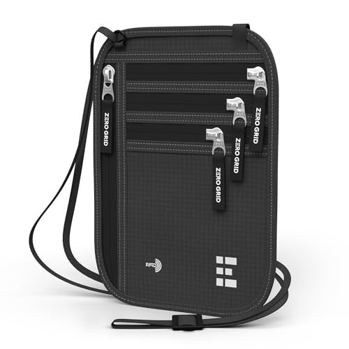 Zero Grid محفظة عنق للسفر وحامل جواز السفر مع تقنية حجب RFID - حقيبة سفر نحيفة وسهلة الإخفاء من النايلون للرجال والنساء - تحمل الهاتف والنقود والبطاقات والمفاتيح - مقاومة للعرق والماء - كبيرة جداً - سوداء - Image 1