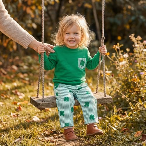JLKGICF St Patricks Day Baby Boy Outfit Long Sleeve Clover Sweatshirt Striped Pants Toddler Boy Summer Spring Clothes (Green Clover, 12-18 Months) - Image 2