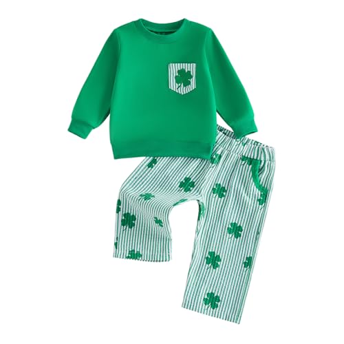 JLKGICF St Patricks Day Baby Boy Outfit Long Sleeve Clover Sweatshirt Striped Pants Toddler Boy Summer Spring Clothes (Green Clover, 12-18 Months) - Image 1