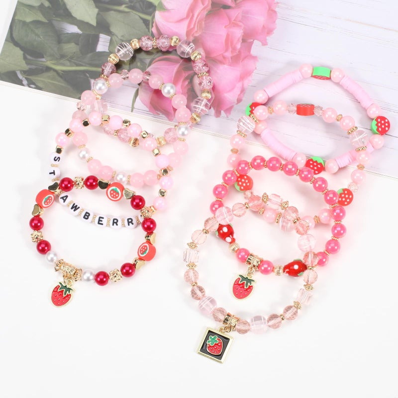 Lonext 8pcs Cute Fruit Strawberry Bracelets for Women Pink Rose Red Stretch Beads Bracelet - Image 2
