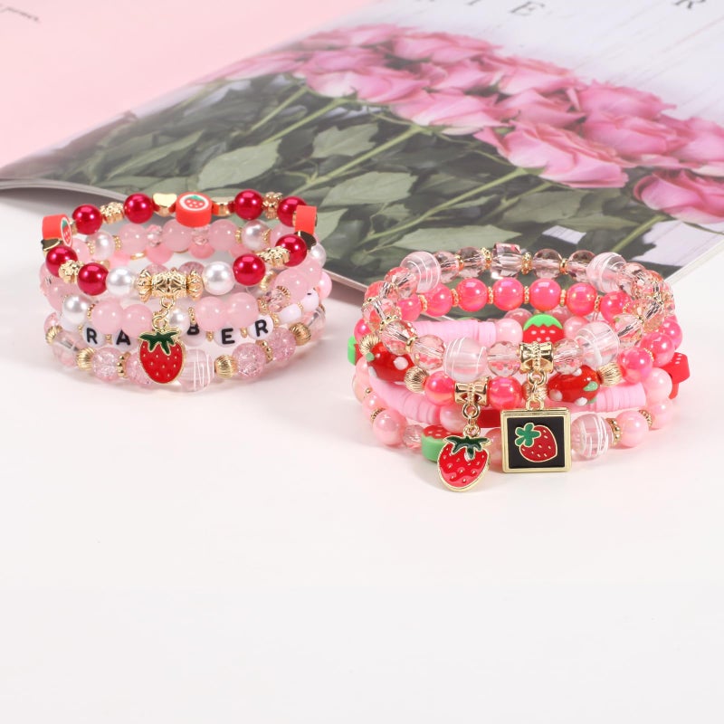 Lonext 8pcs Cute Fruit Strawberry Bracelets for Women Pink Rose Red Stretch Beads Bracelet - Image 3