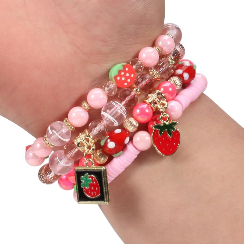 Lonext 8pcs Cute Fruit Strawberry Bracelets for Women Pink Rose Red Stretch Beads Bracelet - Image 4