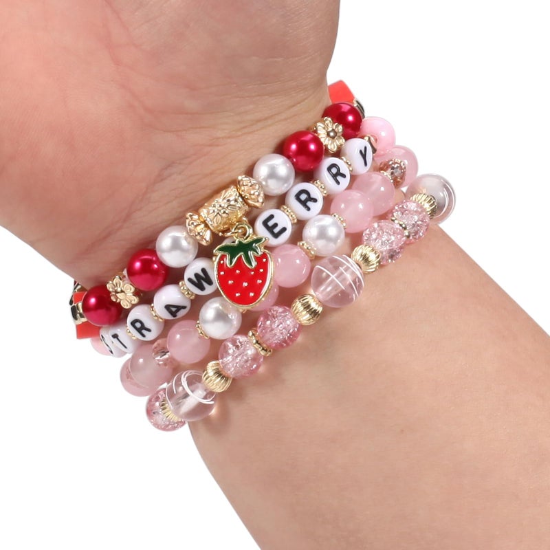 Lonext 8pcs Cute Fruit Strawberry Bracelets for Women Pink Rose Red Stretch Beads Bracelet - Image 5