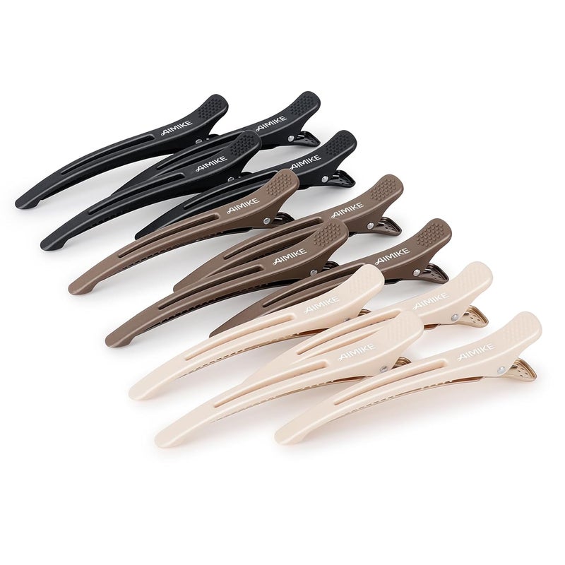AIMIKE 12pcs Professional Hair Clips for Styling Sectioning Non Slip Duck Billed Hair Clips with Silicone Band Salon and Home Hair Cutting Clips for Hairdresser Women Men  Brown  Apricot  Black