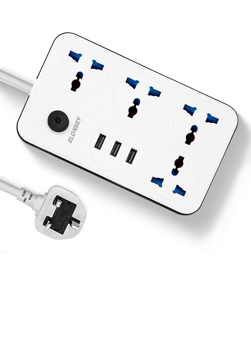 إيلونسي سلك تمديد طاقة عالمي بطول 5 أمتار مع 4 مقابس طاقة و3 منافذ USB، توصيلة كهرباء 4 اتجاهات مع 3 فتحات USB، وصلة تمديد 5 أمتار  - Image 1