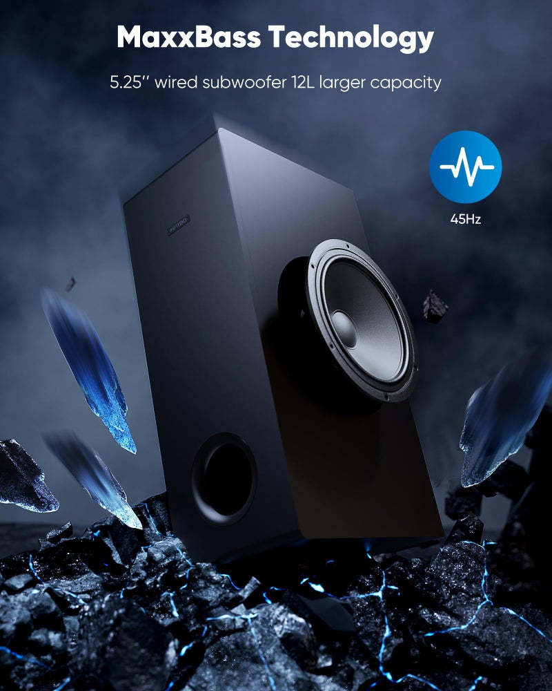 INFITBO بار صوت INFITBO لتلفاز ذكي 2.1CH 190W طاقة ذروة مع مضخم صوت قابل للفصل 2 في 1 نظام صوت محيطي BT 5.4 12L باس عميق لألعاب الكمبيوتر مع HD-ARC/Opt/USB/AUX مسرح منزلي - Image 4