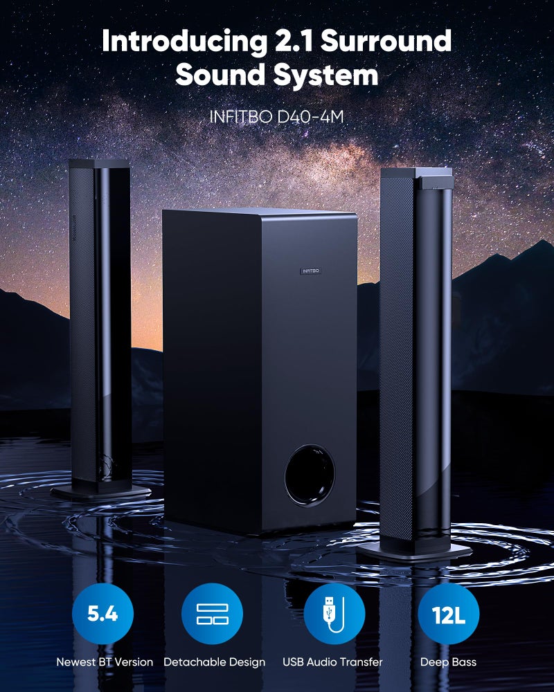 INFITBO بار صوت INFITBO لتلفاز ذكي 2.1CH 190W طاقة ذروة مع مضخم صوت قابل للفصل 2 في 1 نظام صوت محيطي BT 5.4 12L باس عميق لألعاب الكمبيوتر مع HD-ARC/Opt/USB/AUX مسرح منزلي - Image 2