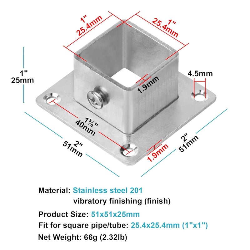 eoere 20 PCS 1" x 1" Square Newel Post Flange Base, Stainless Steel Wall Flange Bracket for Fence, Deck Railing - Image 2