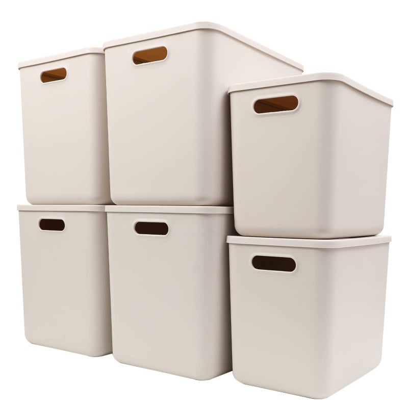 Yishyfier Plastic Storage Baskets With Lid Organizing Container Lidded Knit Storage Organizer Bins for Shelves Drawers Desktop Closet Playroom Classroom Office (4XL+2L, Light grey) - Image 1