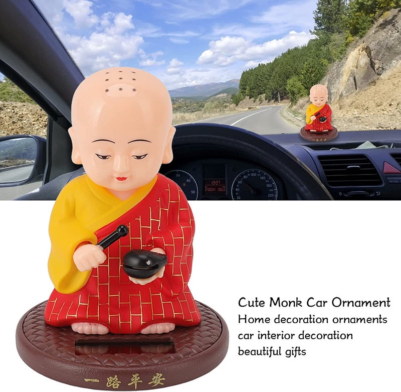 AUGEN Small Buddhist Monk Solar Ornaments, Automatic Nodding Lucky Meaning Light Energy Sensing EcoFriendly, Solar Buddhist Monk Statue Decoration for Home Car Dashboard (Pack of 1)(C, Red) - Image 4
