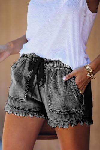 YOCUR Jean Shorts Mid Waisted Paperbag Drawstring Tassel 4 Inseam Petite Denim Summer Casual Cute Shorts Grey XXL - Image 3