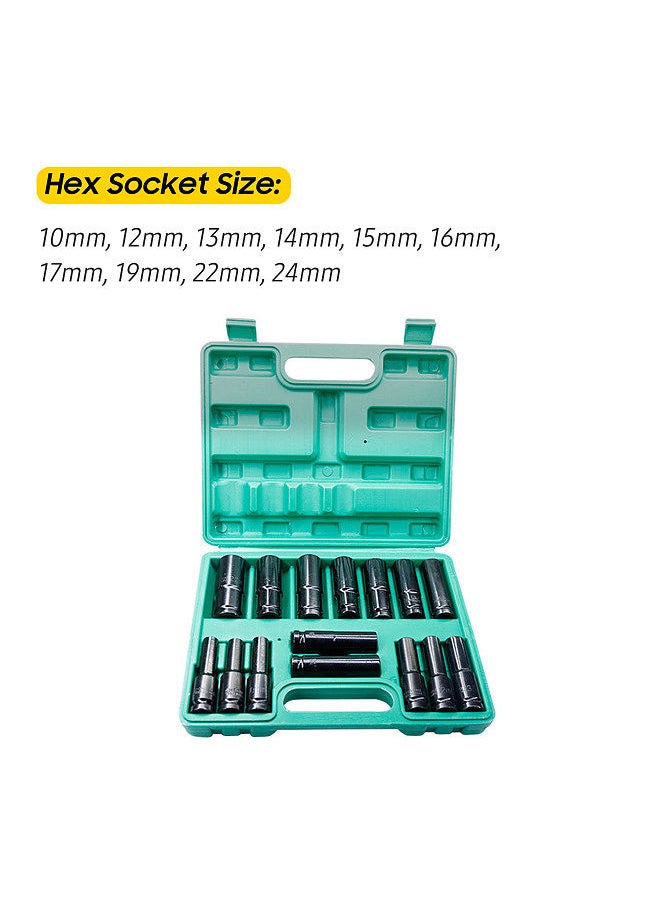 1/2Inch Drive Hex Impact Socket Set 15-Piece Deep Socket Metric Sizes 8-22mm CR-V Material with Storage Box
