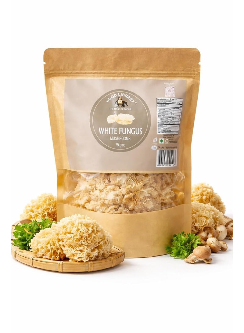 FOOD LIBRARY THE MAGIC OF NATURE Dried Snow Fungus Mushrooms, White Fungus, Natural , 75g | Healthy Edible Mushroom for Soups & Desserts - Image 1